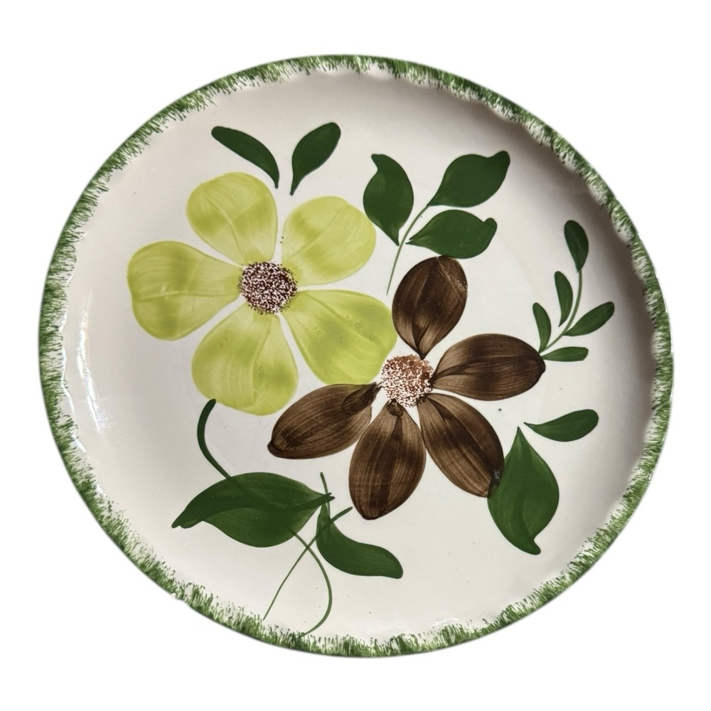 9 3/8" Blue Ridge Southern Pottery Green Briar Luncheon Plate Brown Flowers MCM